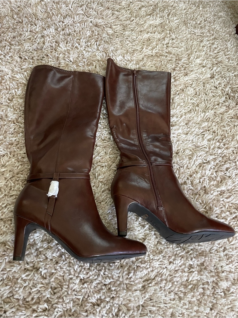 Life Stride Brown Leather Mid-Calf Heeled Boots with Side Zip